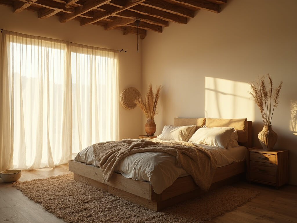 "Wabi-sabi styled bedroom with weathered oak platform bed, linen curtains filtering natural dawn light, and vintage oak nightstand with ceramic vase and pampas grass."