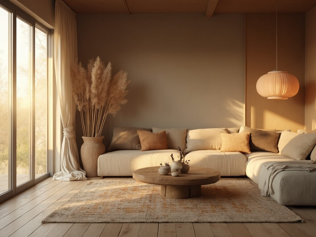 "Wabi-sabi living room with golden sunlight streaming through sheer curtains, featuring a low-profile linen sofa, vintage walnut coffee table, and clay plastered walls in warm taupe"