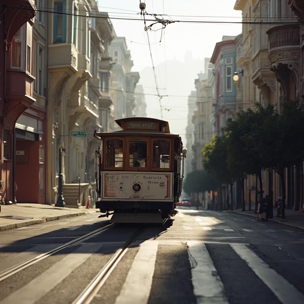 San Francisco cable car ascending steep street lined with colorful Victorian houses in early morning light