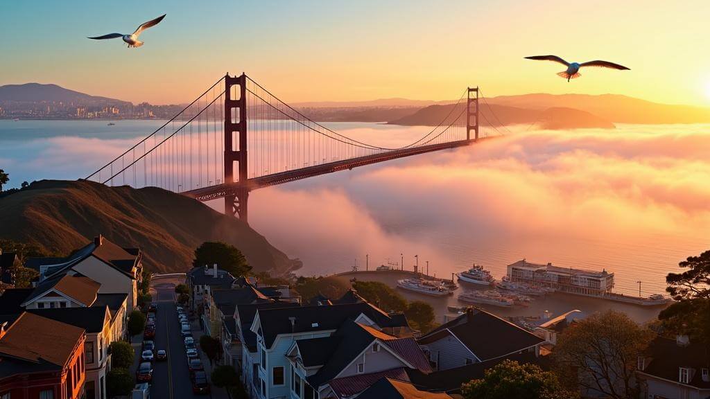 "Panoramic sunrise view of San Francisco with Golden Gate Bridge in fog, Victorian houses on hills, Cable Cars on steep streets, Dragon Gate of Chinatown, Fisherman's Wharf boats, seagulls soaring, and sea lions on Pier 39 docks."