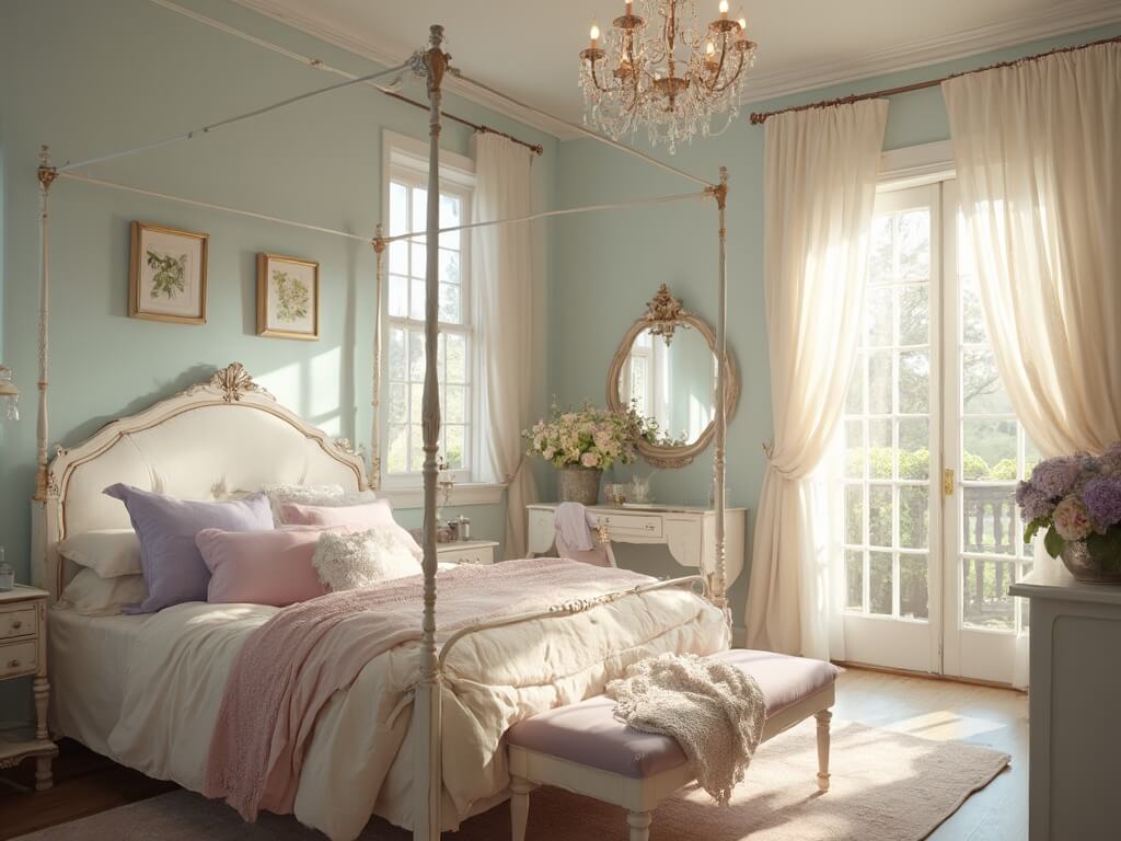 "Romantic shabby chic master bedroom with distressed white furniture, layered bedding, antique vanity, and afternoon sunlight"
