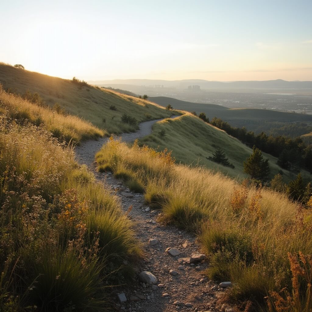 Early morning landscape of Skyline Wilderness Area with hiking trail, native grasslands, Black Hills and Rapid City skyline in the background