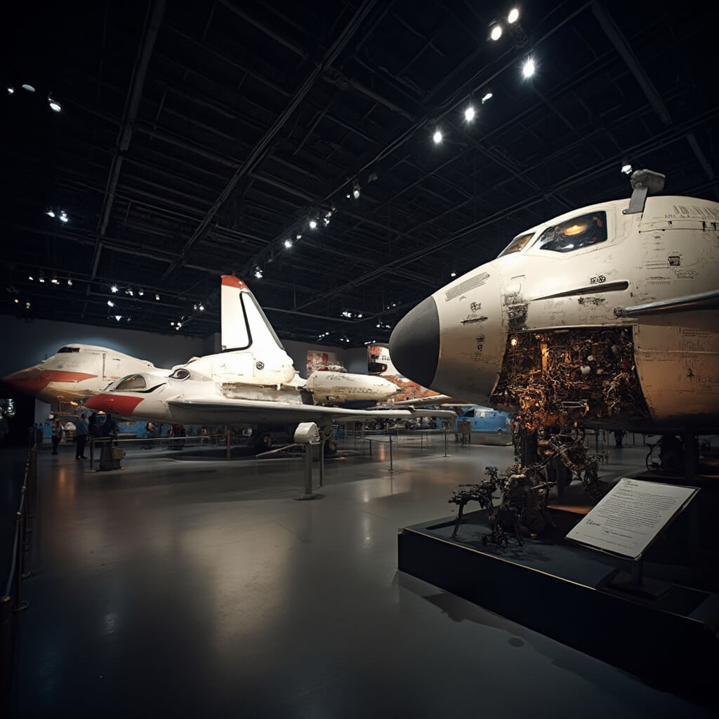 Vintage spacecraft display at the Smithsonian National Air and Space Museum with dramatic lighting and high ceilings
