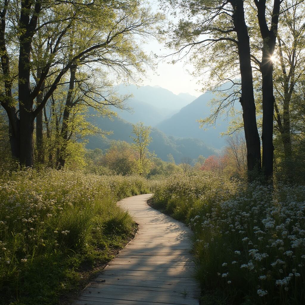 Wheelchair-accessible boardwalk amidst blooming wildflowers and dogwood trees in the Great Smoky Mountains on a misty spring morning