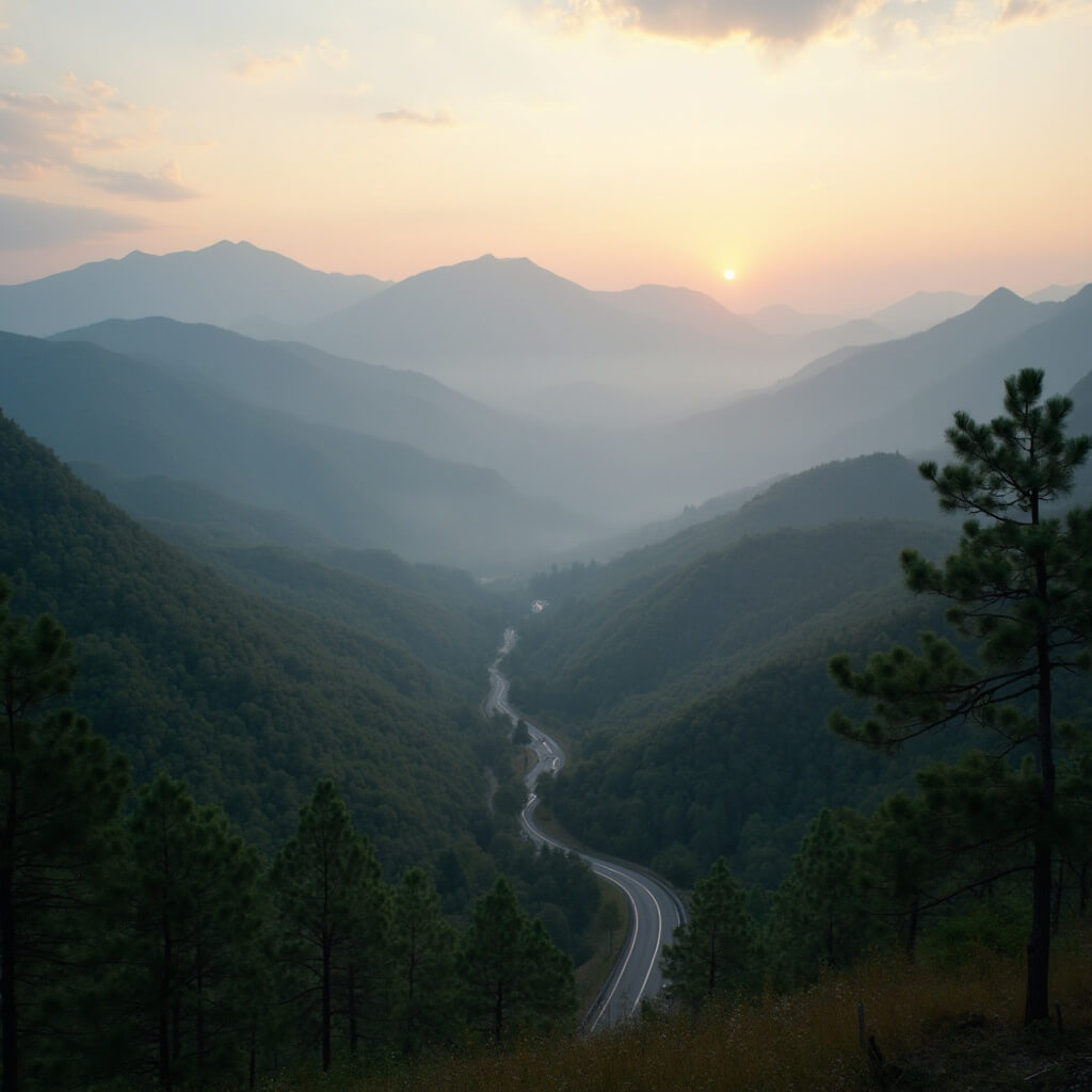 Sunrise over the Great Smoky Mountains with misty peaks, forest slopes, golden light through pine trees and a mountain road in the foreground