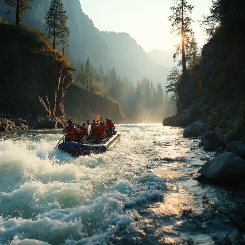 Rafting expedition navigating through rapid waters of Snake River, surrounded by pine-covered cliffs and mountains, in golden afternoon sunlight