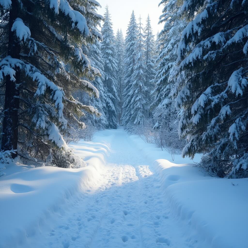 Winter forest trail covered in snow winding through powder-laden evergreen trees with soft afternoon light creating blue shadows