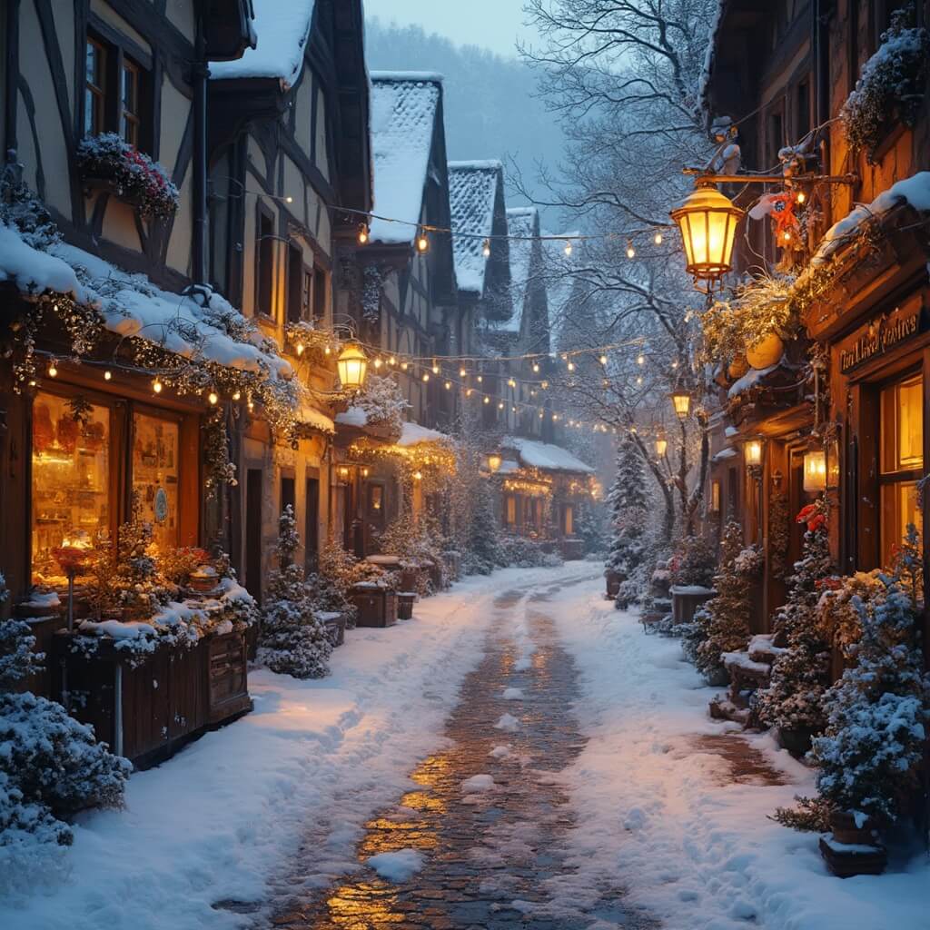 Winter evening in Helen featuring snow-covered Bavarian buildings, glowing lanterns, cobblestone streets, white Christmas lights between buildings, and falling snow in the lamp light
