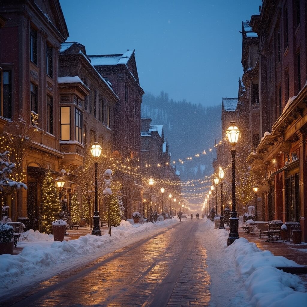 Dusk view of Park City's historic Main Street with snow-covered Victorian buildings, subtle holiday lights, and warm street lamp glow on cobblestone street