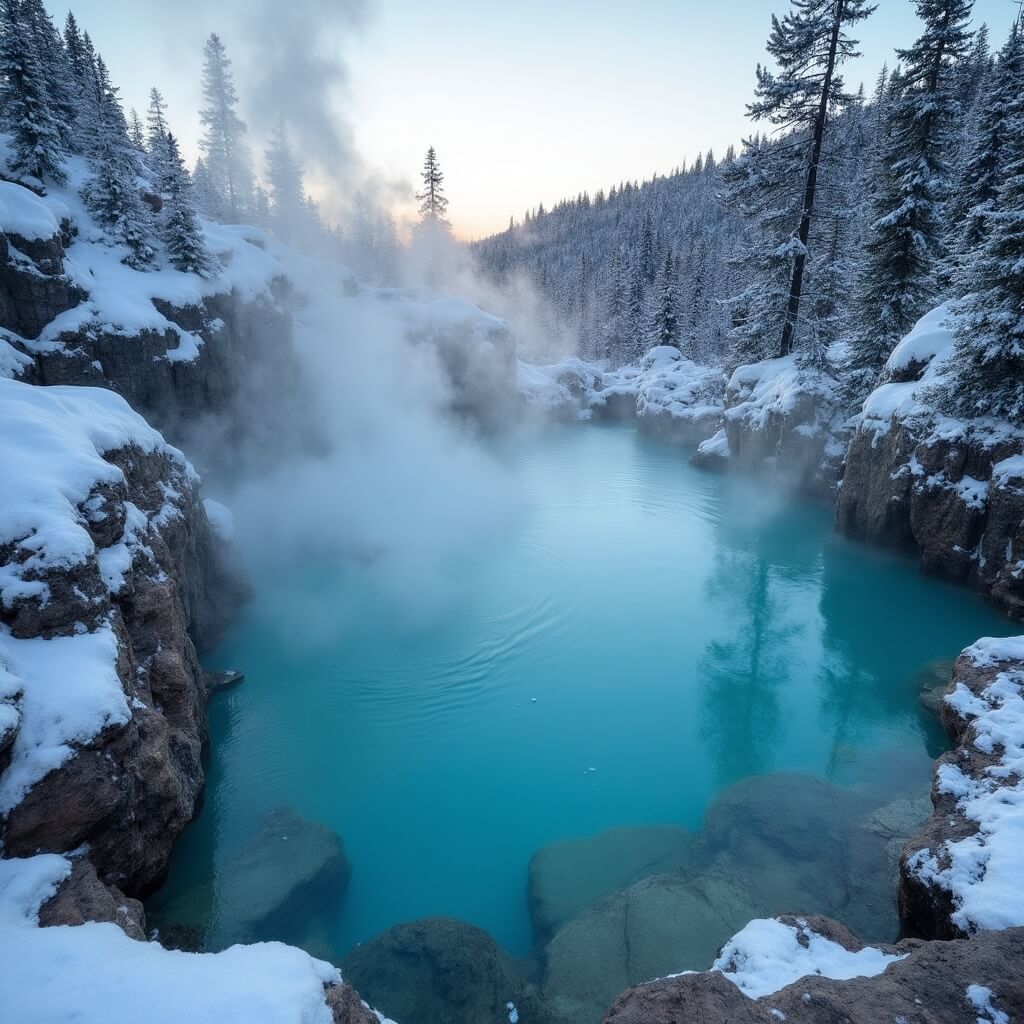 Natural hot spring pool surrounded by snow-covered rocks and evergreen trees at dusk, with steam rising from turquoise water