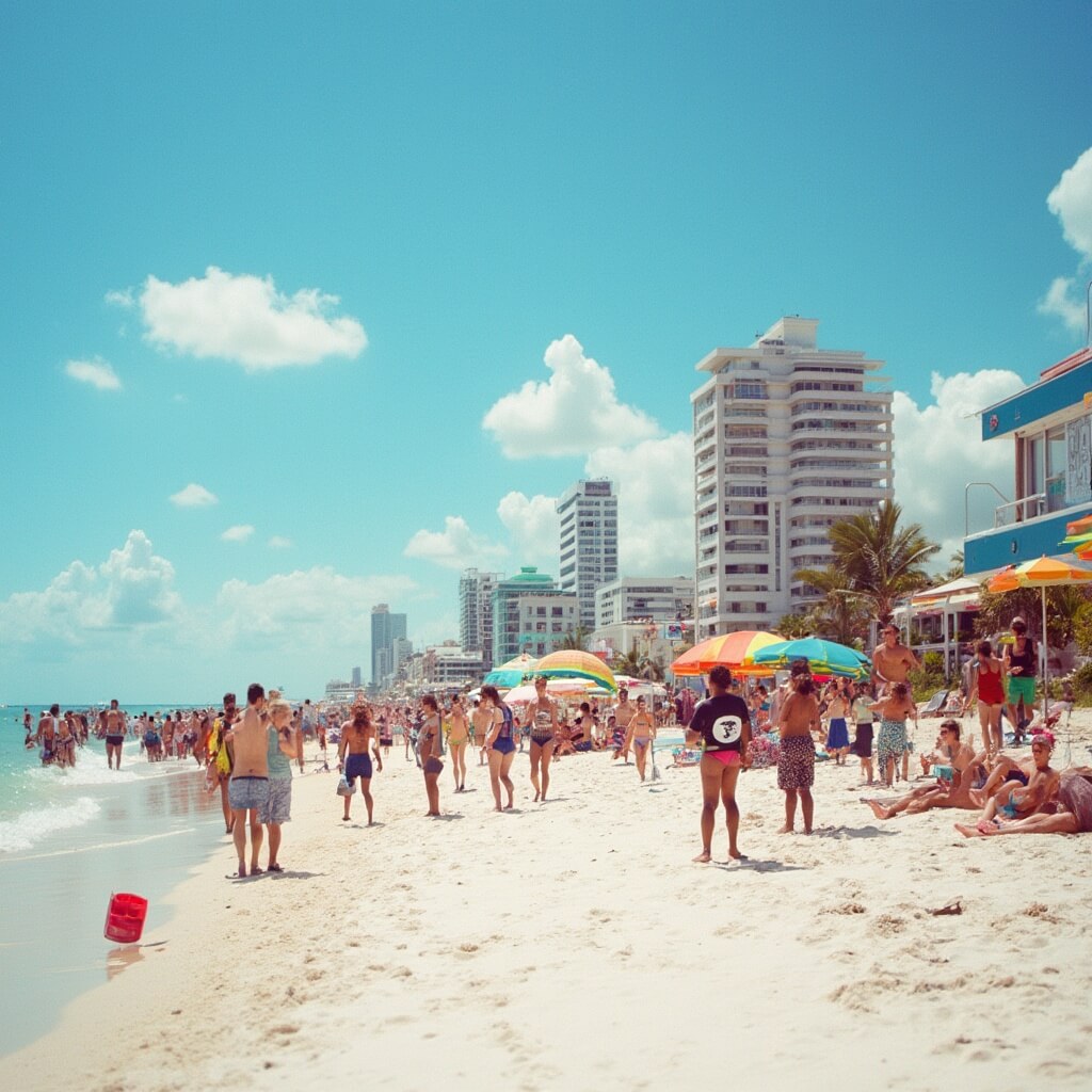 Vibrant South Beach scene, energetic beachgoers, colorful lifeguard towers, and iconic Ocean Drive in background