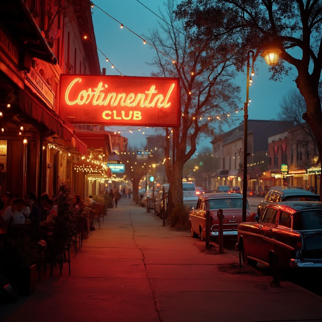 Dusk view of South Congress Avenue in Austin, showcasing Continental Club's illuminated neon sign, historic storefronts with string lights, and outdoor dining with vintage cars parked nearby