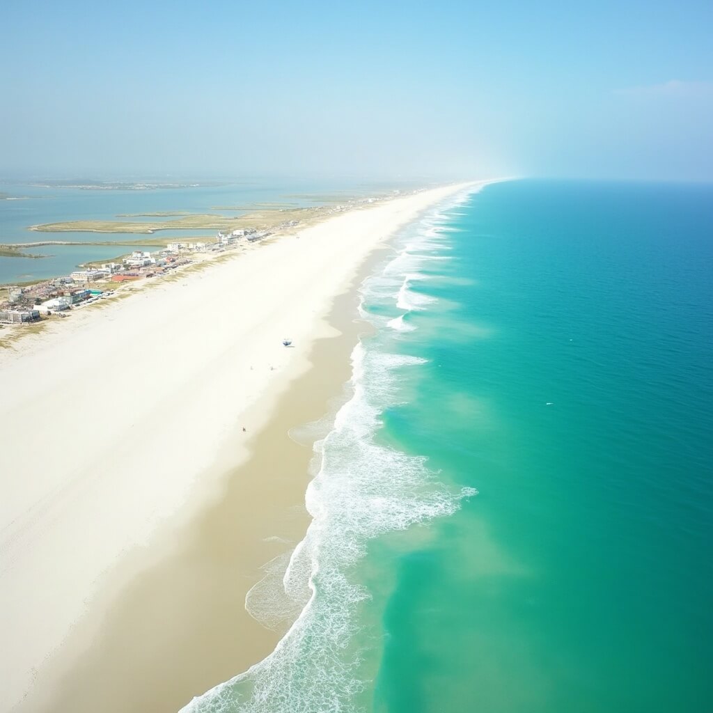 Panoramic view of South Padre Island's white sandy beach with turquoise Gulf waters and morning sunlight