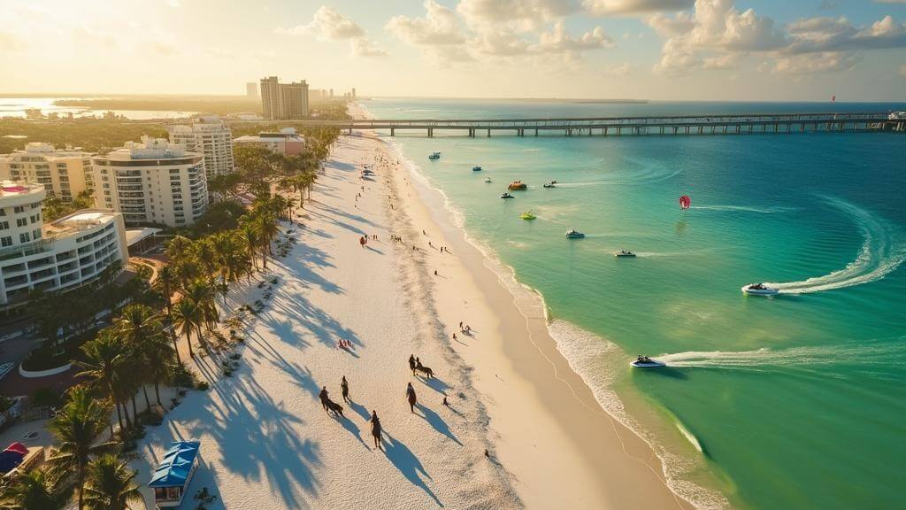 "Aerial view of South Padre Island during golden hour, featuring white sandy beaches, turquoise Gulf waters, causeway bridge, luxury beachfront resorts, horseback riders, parasailing boats, jet skis, palm trees, and beach umbrellas with both the Gulf and Laguna Madre bay in the same frame."