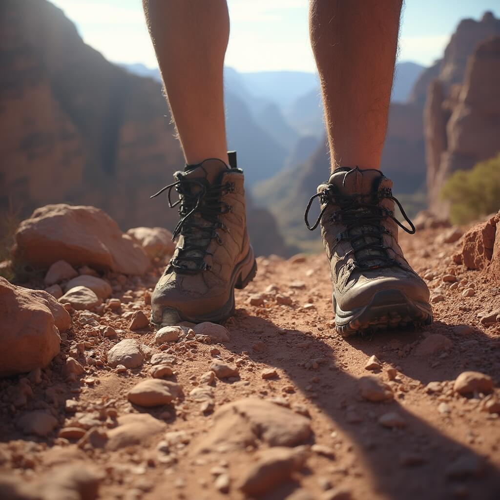 Hiking boots on rugged trail along the South Rim, with detailed canyon walls in the background under dramatic lighting