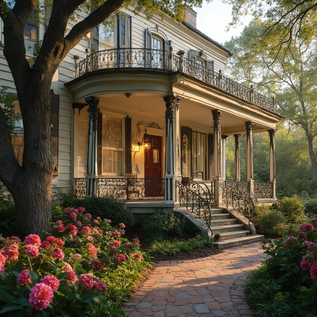 Classic Southern mansion with wrap-around porch, intricate architecture, cast iron railings, and lush azalea garden during golden hour