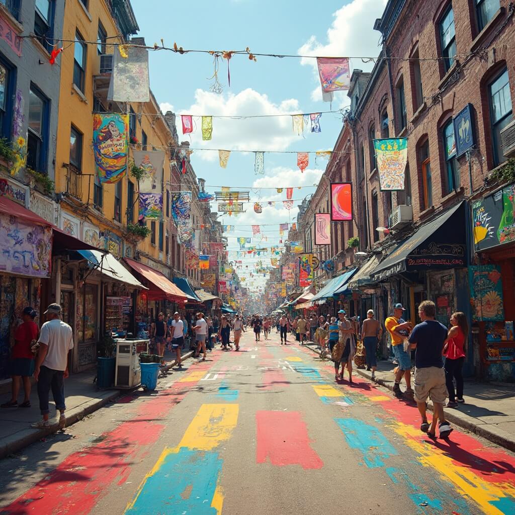 Vibrant and energetic Southside Arts District street scene during Musikfest with colorful murals, art installations and performers