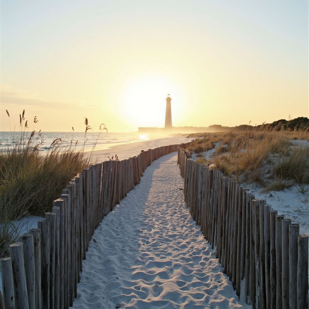 St. Augustine beach at sunrise with gentle waves, swaying sea oats, natural dunes, wooden walkways, and distant historic lighthouse