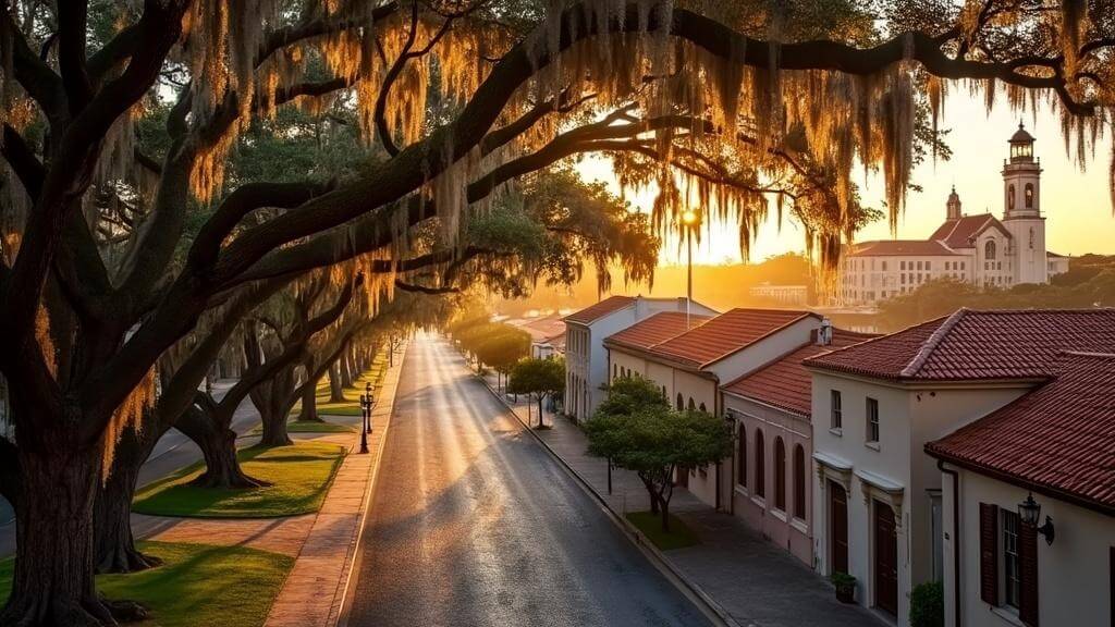 "Aerial view of St. Augustine's historic district at sunset featuring Magnolia Avenue's live oak tree canopy, Flagler College, Cathedral Basilica and St. Augustine Lighthouse"