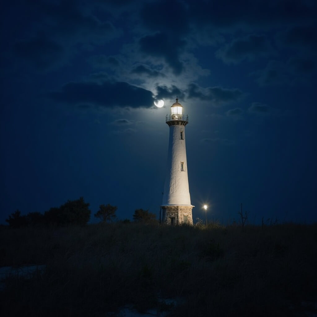 Moonlit St. Augustine Lighthouse at night with beam piercing the dark landscape