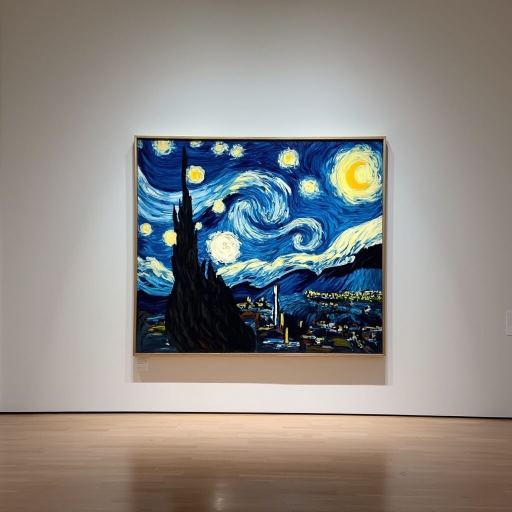 Van Gogh's 'Starry Night' displayed prominently in an empty MoMA gallery, its vibrant blue and yellow hues accentuated by museum lighting.