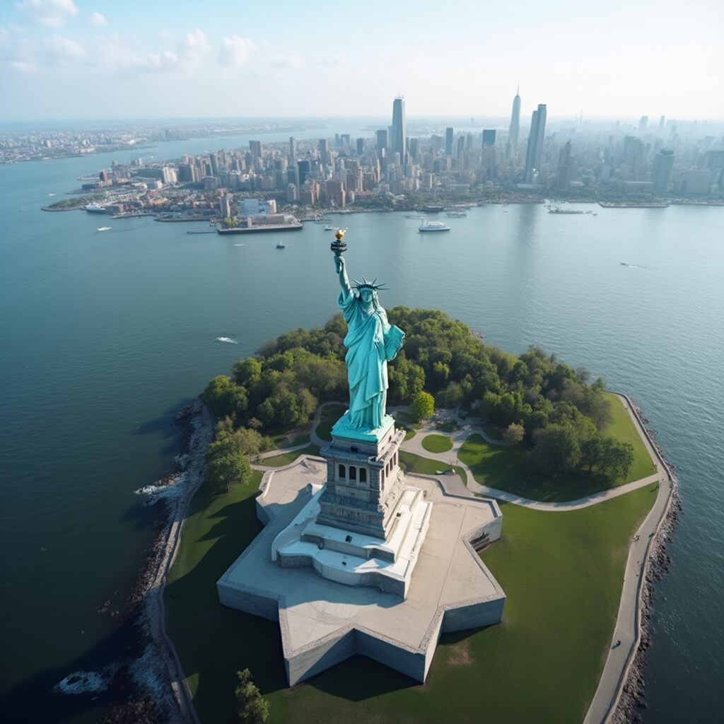 Aerial view of Statue of Liberty with Manhattan skyline and New York Harbor in the background