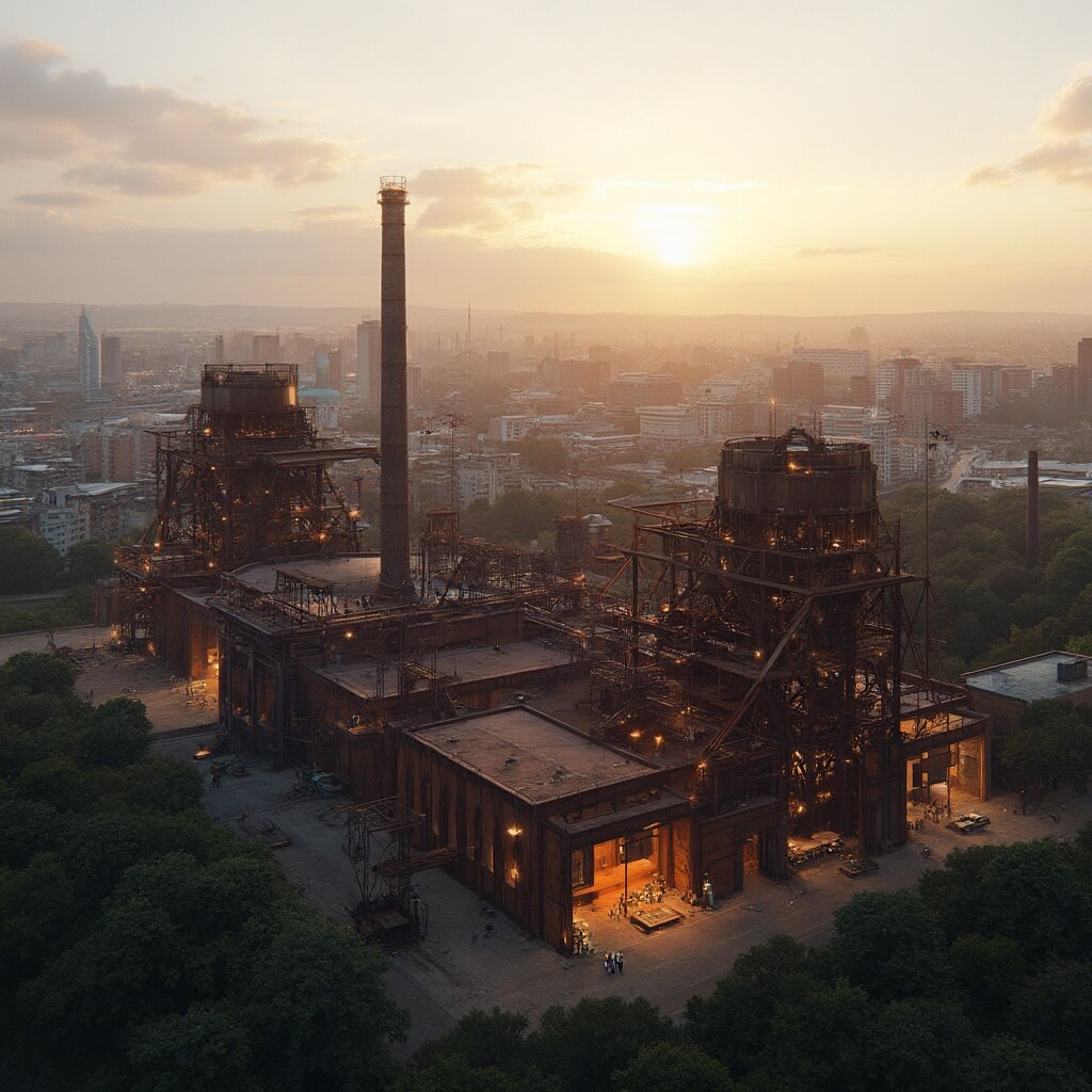 Panoramic view of SteelStacks complex bathed in golden hour light, showcasing its transformation from industrial hub to cultural venue