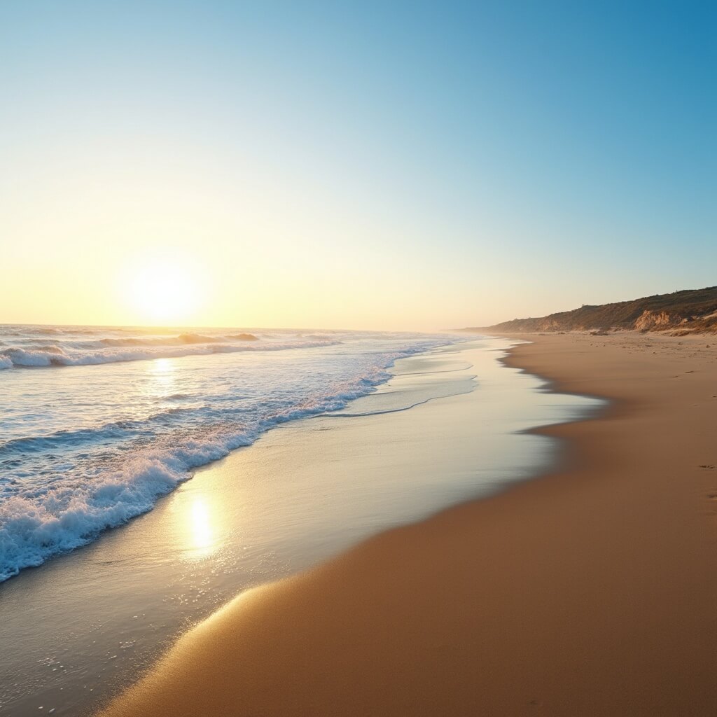 Stewart Beach at golden hour with sandy coastline, gentle waves, warm sunlight, and clear blue sky