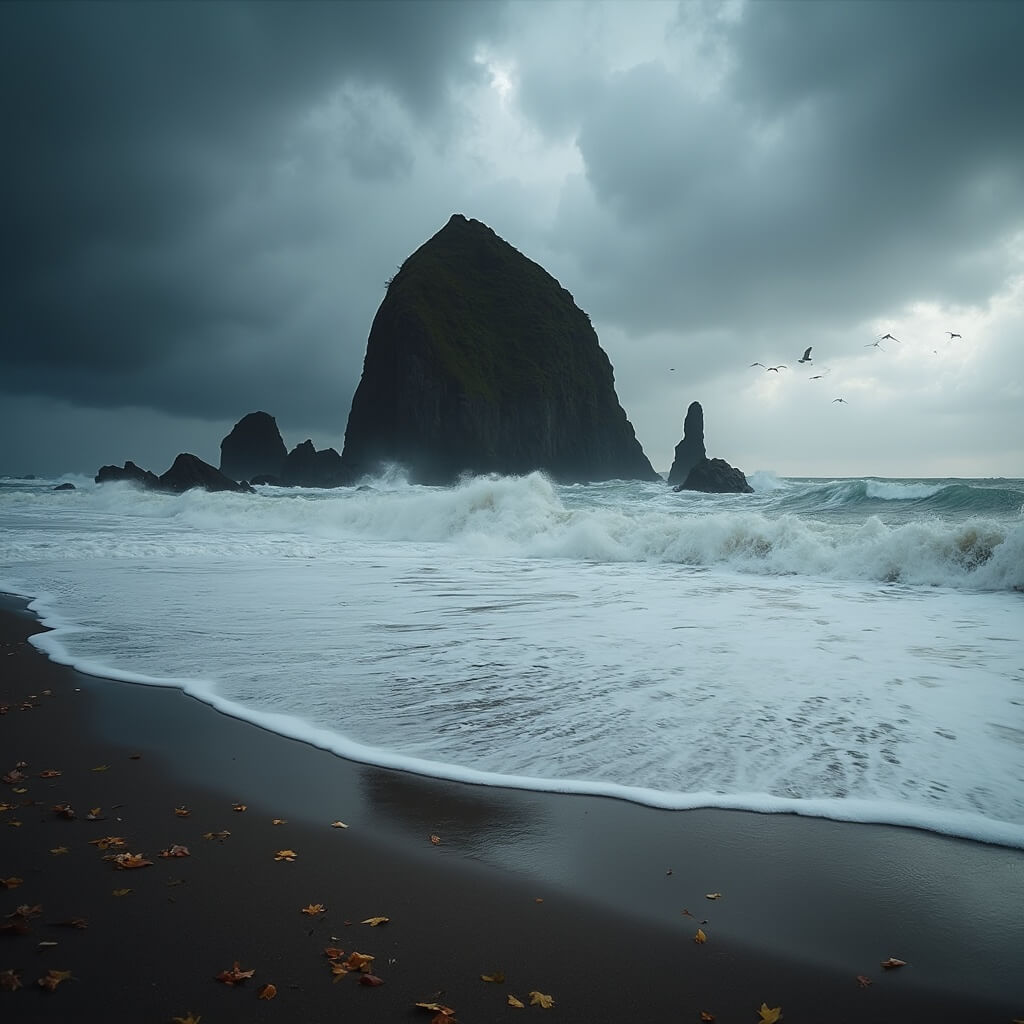 Autumn storm at Cannon Beach with dark clouds, powerful waves hitting Haystack Rock, fallen leaves on wet sand and distant migrating birds in contrasting light