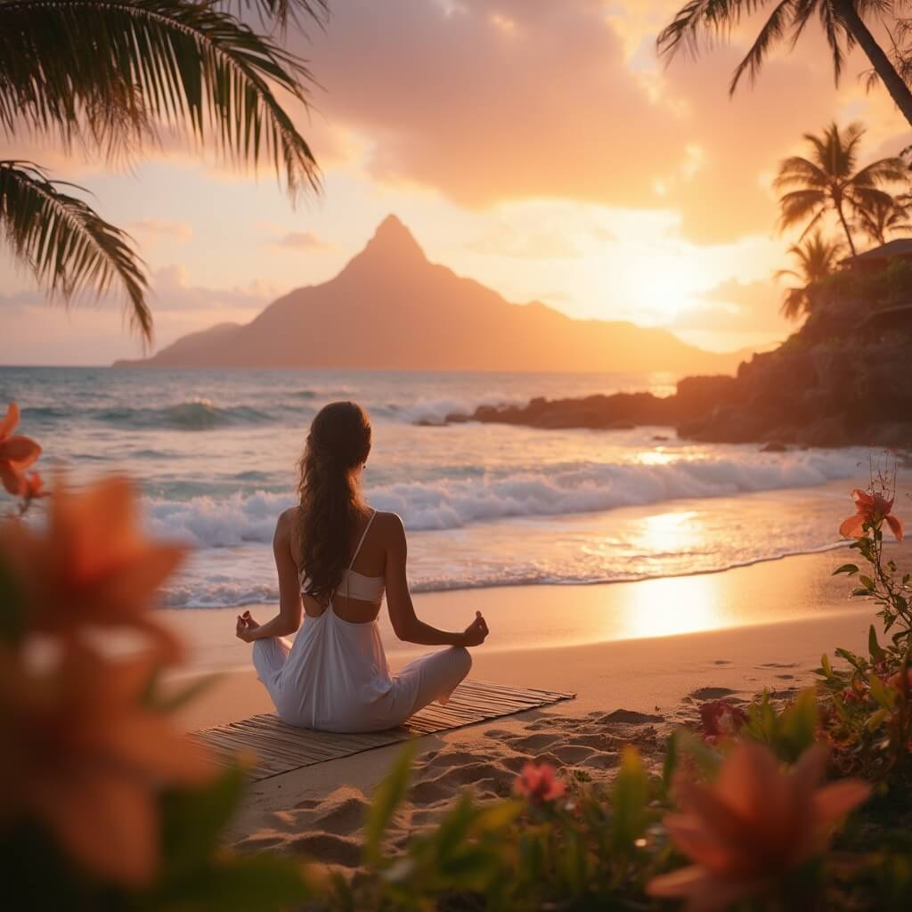 Woman practicing yoga on bamboo mat at beachfront, with Diamond Head crater silhouette, pink-orange sky, gentle waves, and tropical flowers in soft morning light.