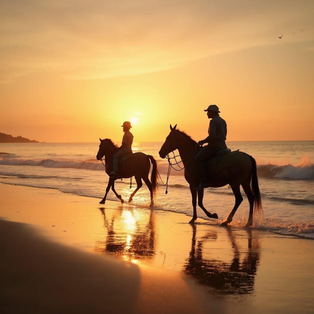 Horseback rider silhouetted against sunset on beach with waves gently touching the wet sand