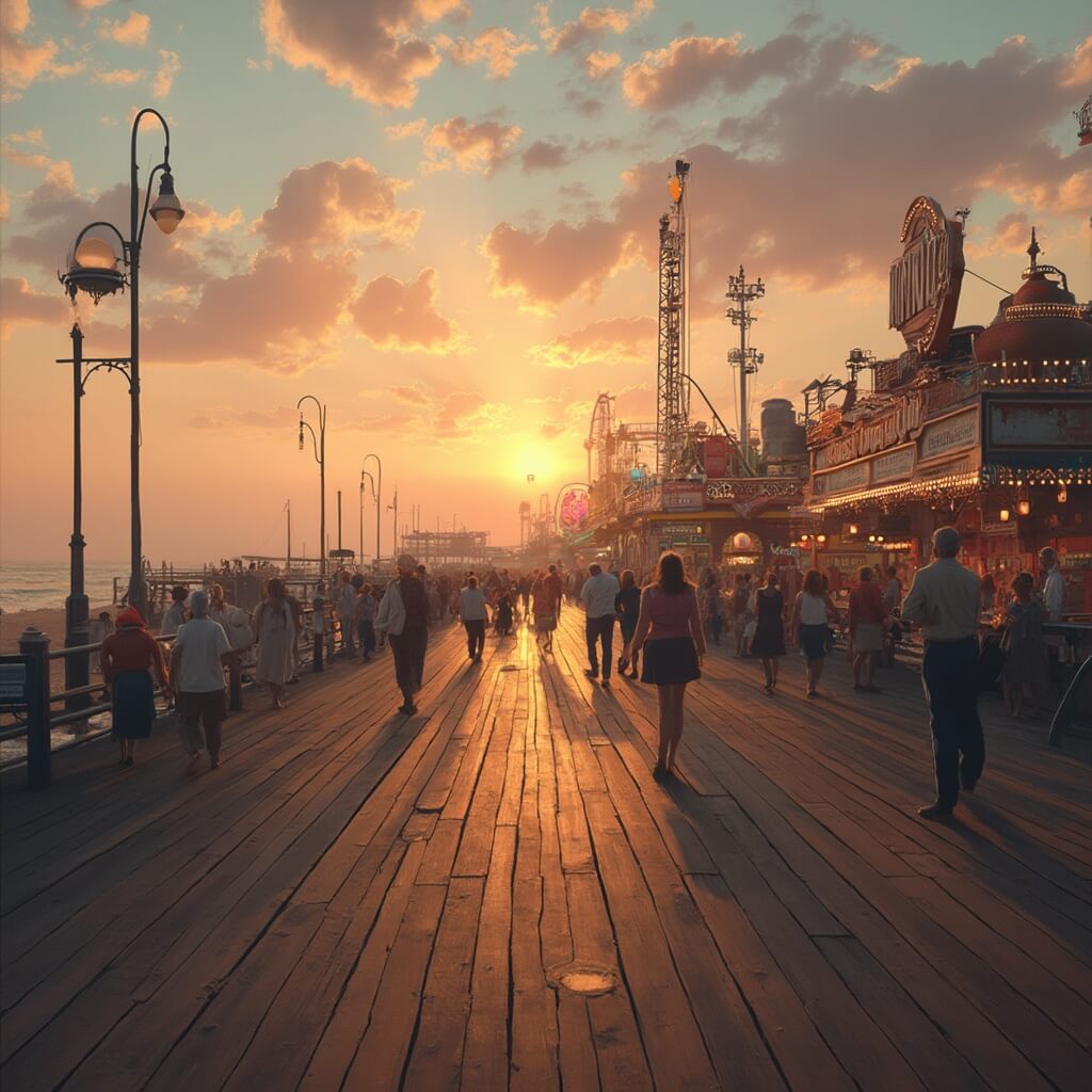 Nostalgic sunset scene at Funland boardwalk featuring silhouettes of vintage rides, visitors enjoying ice cream, and wooden pathway receding into the soft golden light against a vibrant orange and pink sky.