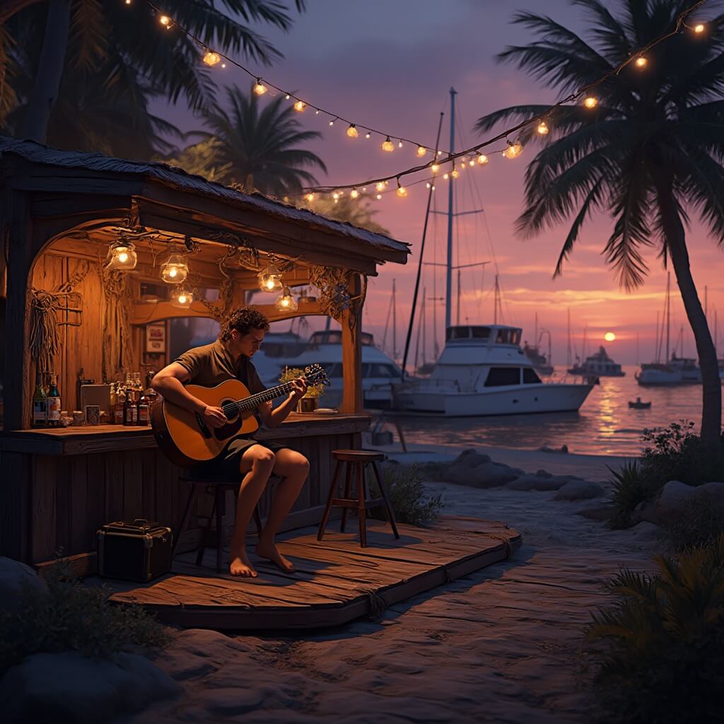 Barefoot acoustic guitarist performing at a weathered dock bar under golden string lights, with a backdrop of boats in a marina and silhouette of palm trees against a twilight sky.