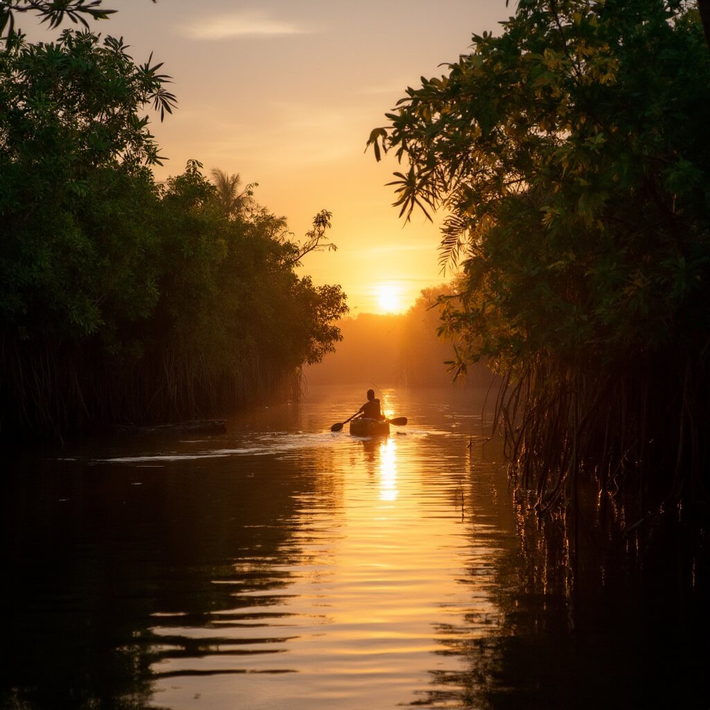 Silhouetted kayaker navigating through a serene mangrove channel at sunset, amidst lush greenery with golden-orange light reflecting on the water surface