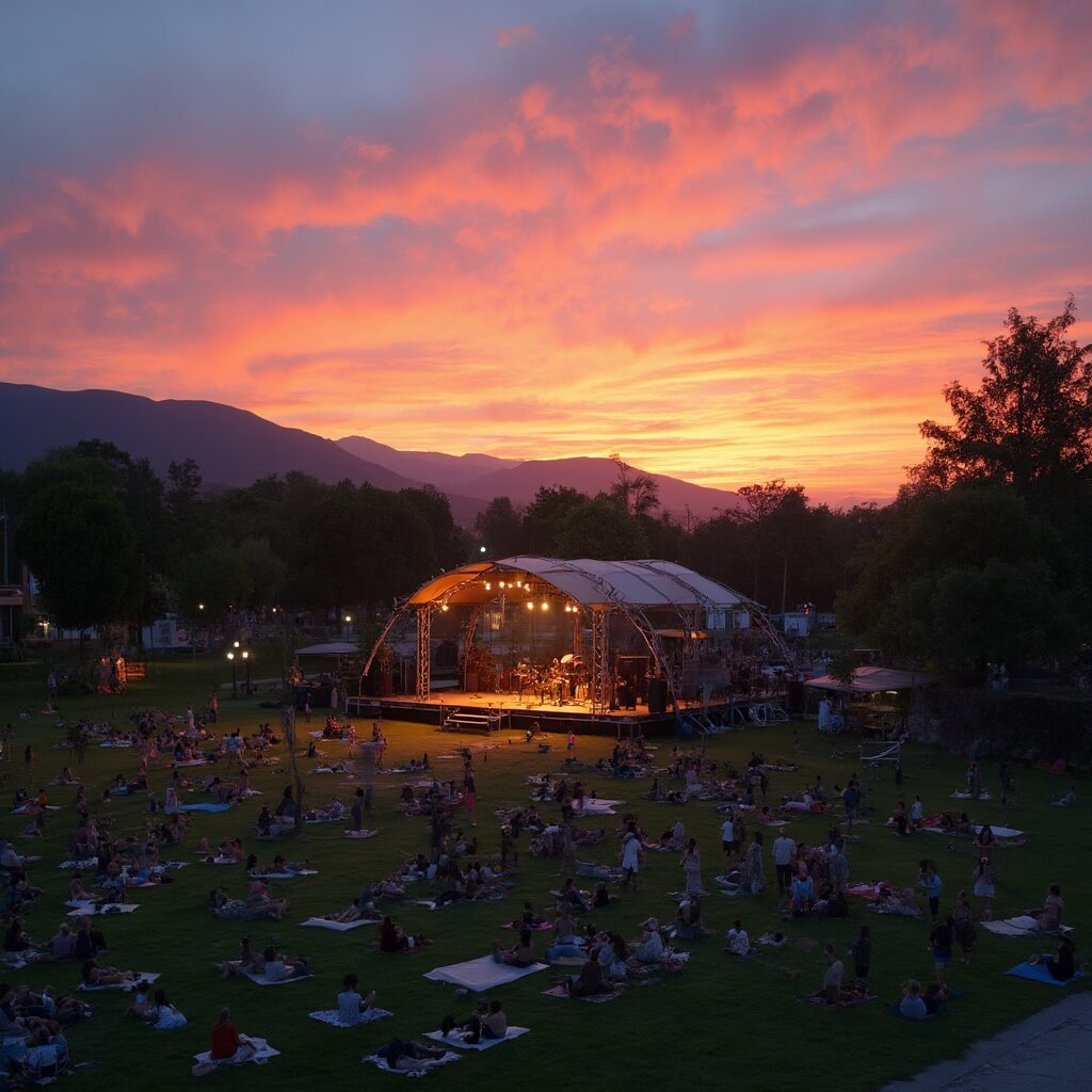 Jazz band performing during sunset in a public park with people relaxing on the grass, against a backdrop of mountains painted in orange and purple hues