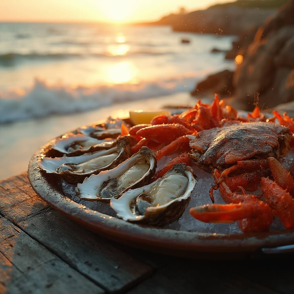 Close-up of a seafood platter with oysters, crabs, and fish on a wooden table at sunset, with ocean waves in the background