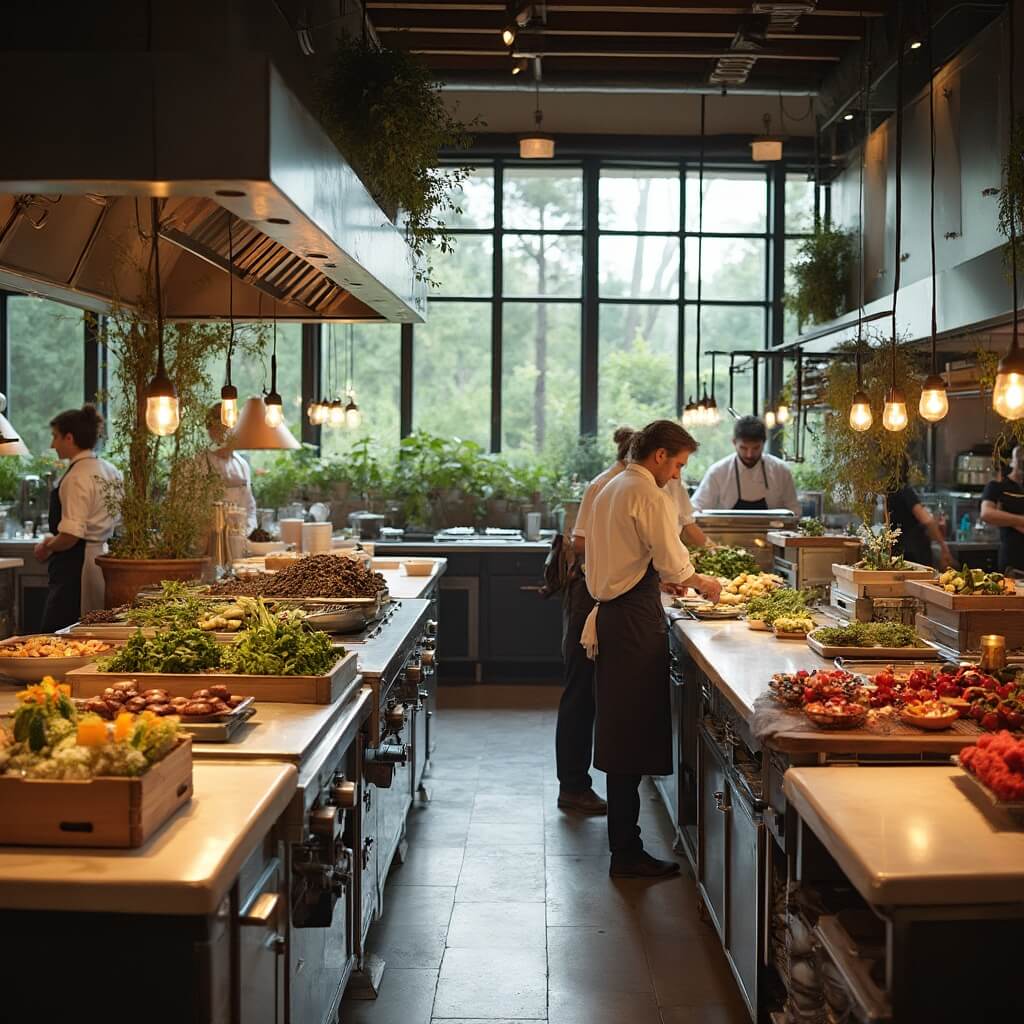 Chefs preparing seasonal dishes at stainless steel stations in a farm-to-table restaurant kitchen with fresh produce in wooden crates, sustainable cooking equipment and view of a herb garden through large windows.