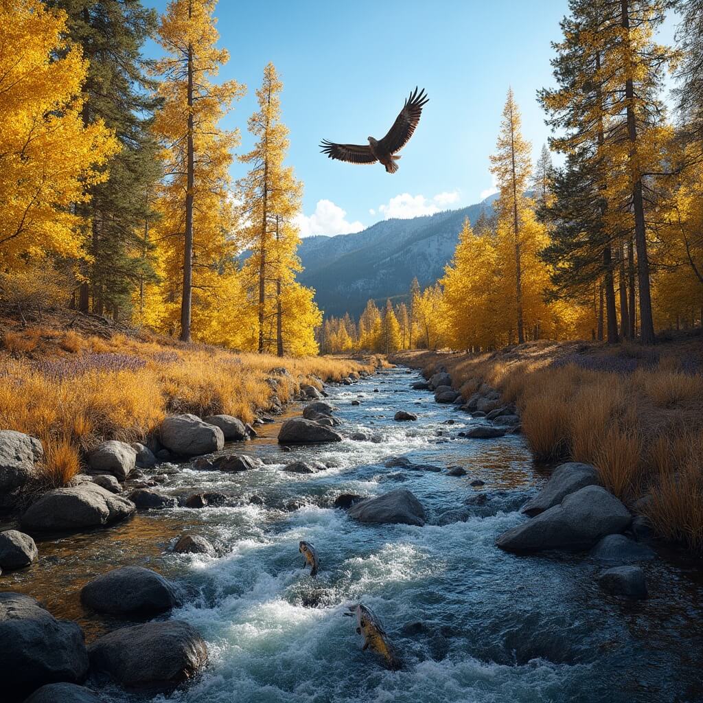 Golden aspen trees lining a hiking trail near Tahoe City in autumn with an eagle flying overhead and visible salmon in a clear stream below