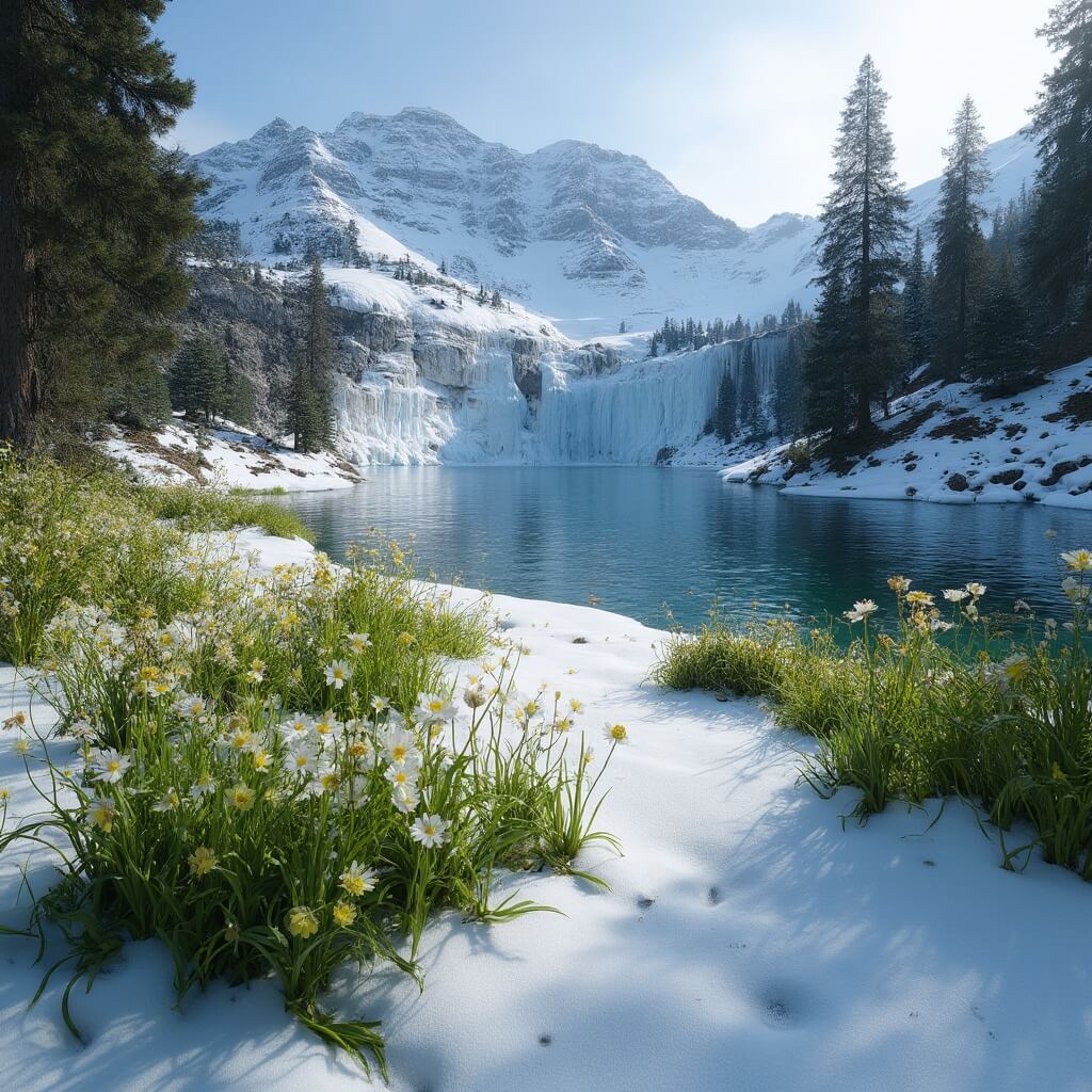 Spring landscape of Lake Tahoe with melting snow, emerging wildflowers, partially frozen waterfall, mountain peaks, and blooming vegetation