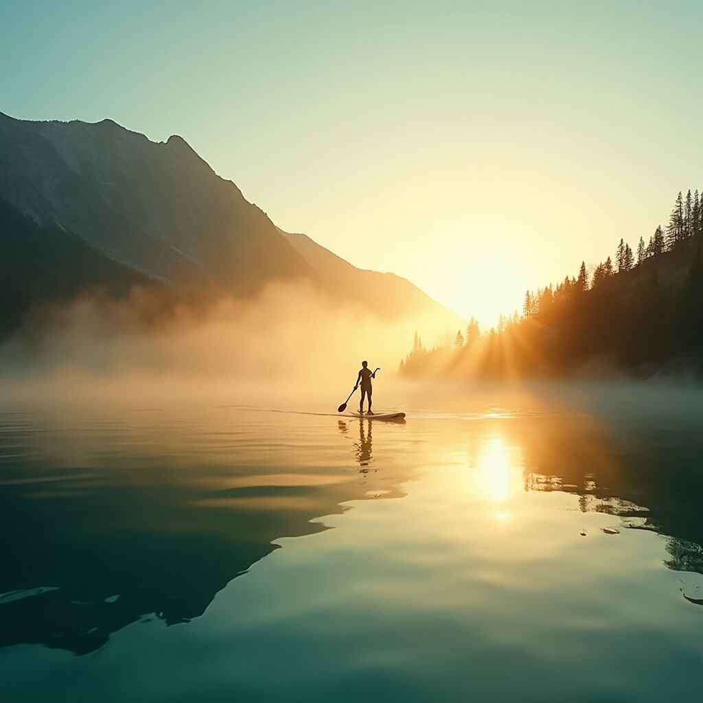 Lone paddleboarder on Lake Tahoe at sunrise with Sierra Nevada mountains reflecting in calm emerald waters