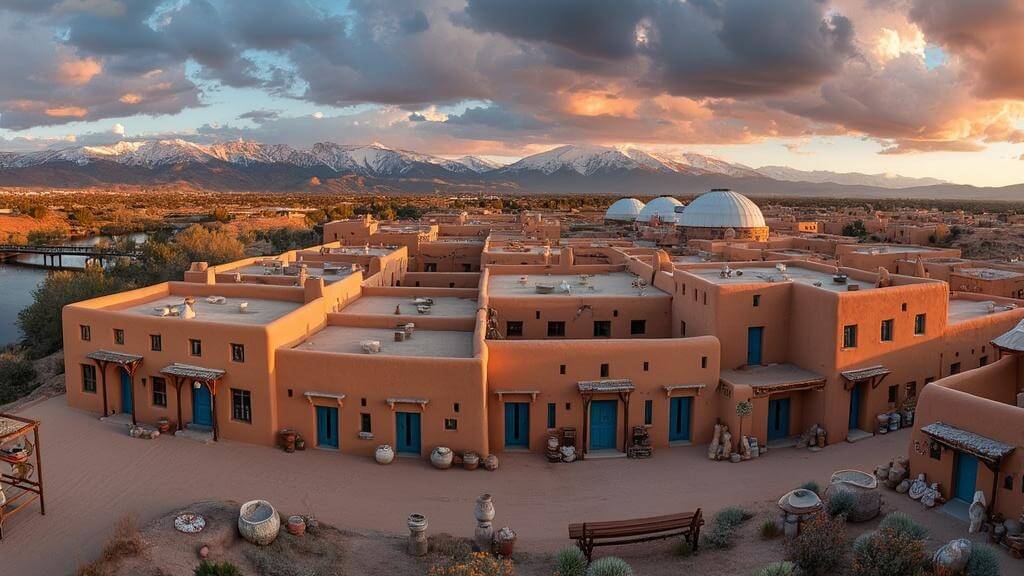 "Panoramic view of Taos, New Mexico during golden hour showcasing the historic Taos Pueblo, Sangre de Cristo Mountains, Rio Grande Gorge, Earthship homes, and southwestern sky"