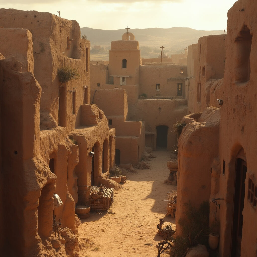 Evening light casting shadows on traditional multi-story adobe buildings of Taos Pueblo with visible Native American elements