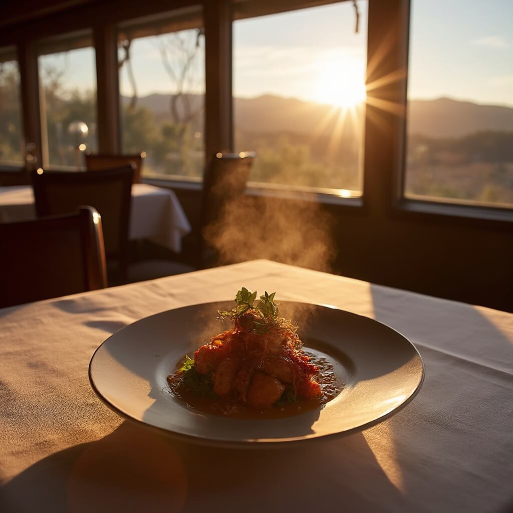 Southwestern dish served at Terra restaurant, with panoramic view of the Sangre de Cristo Mountains during golden hour through floor-to-ceiling windows