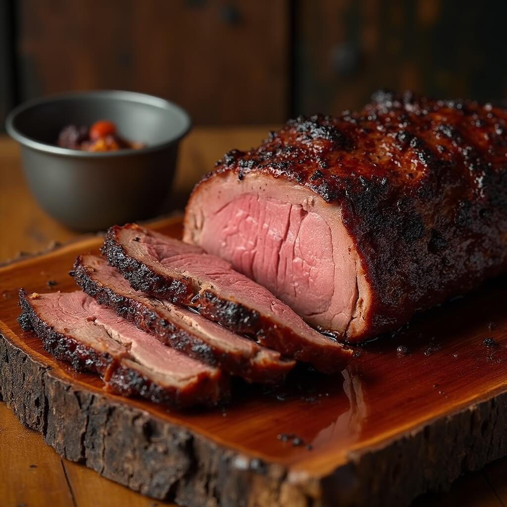 Close-up of smoked beef brisket being sliced in Texas BBQ restaurant, with glistening bark and tender meat against a rustic wooden background