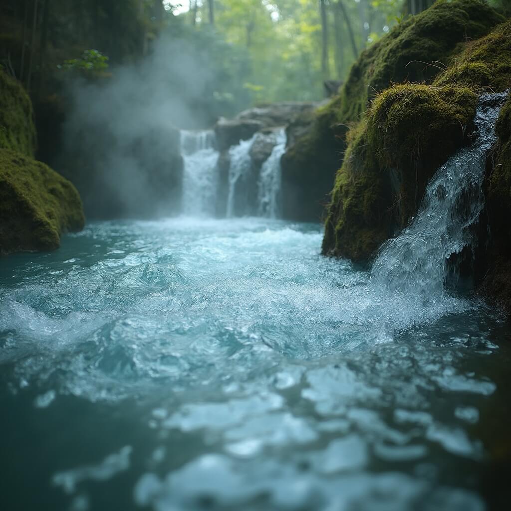 Close-up of a bubbling thermal spring with clear mineral-rich water emanating from a natural rock formation, encircled by green forest vegetation, with rising steam showcasing the breathtaking beauty of the thermal scene in vibrant detail