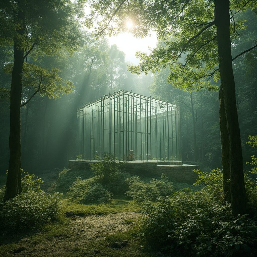 Thorncrown Chapel's transparent glass structure illuminated by morning sunlight amidst the dense Ozark forest
