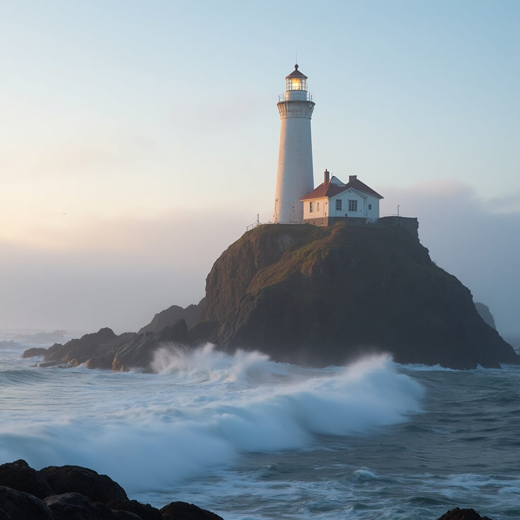 Tillamook Rock Lighthouse on a distant rocky island in early morning mist with gentle waves and sunlight highlighting its weathered structure
