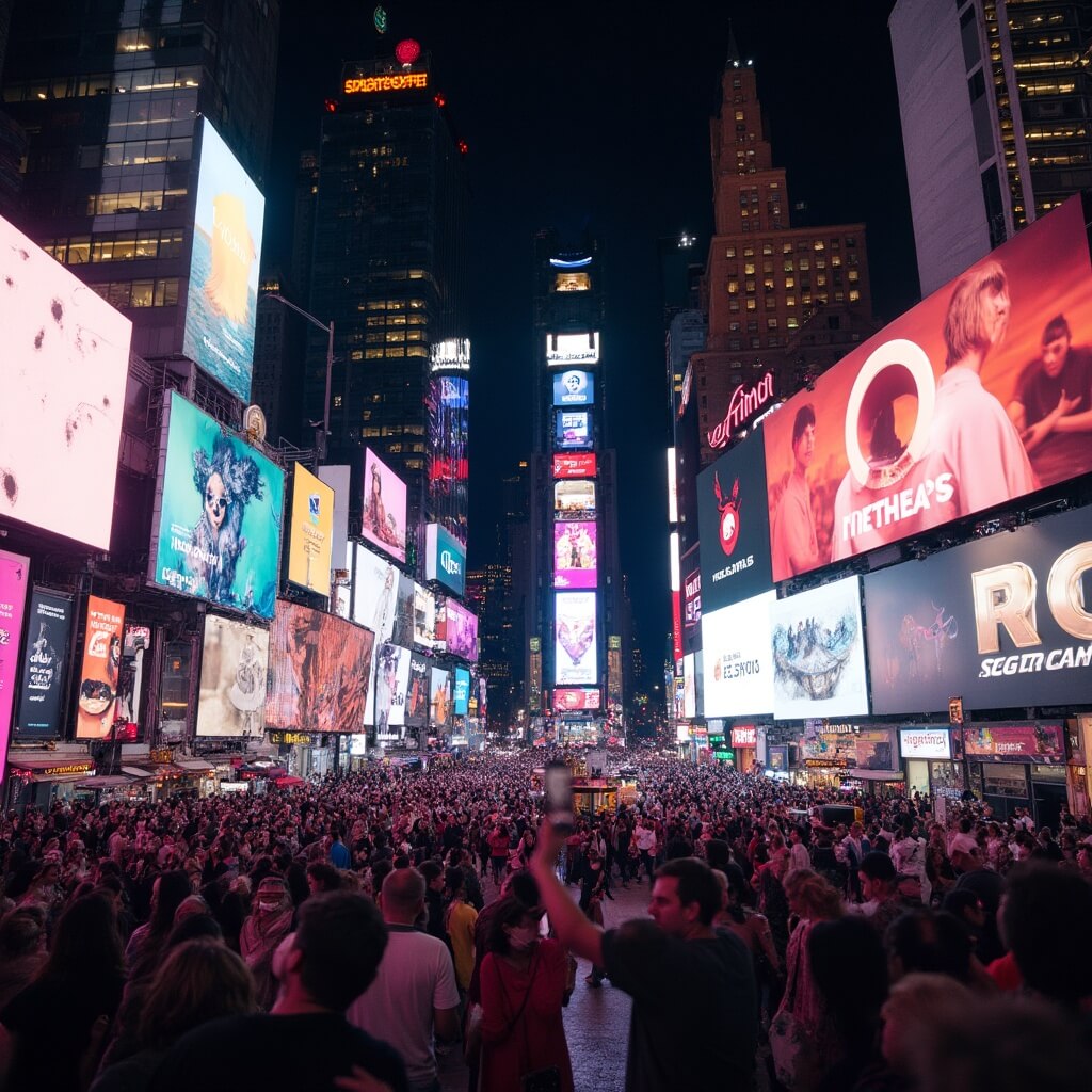 Luminous night view of Times Square showcasing bustling crowds, glowing billboards, and dynamic energy in a wide-angle shot