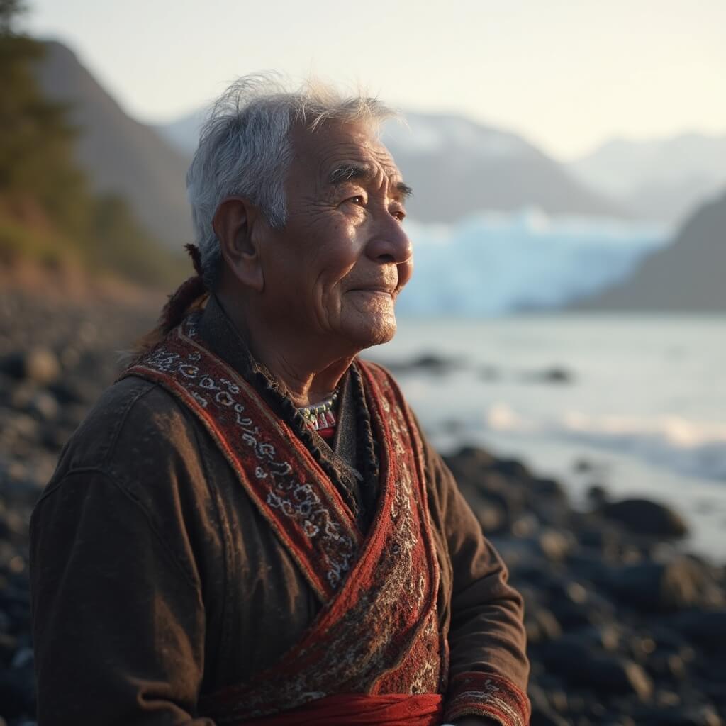 Traditional Huna Łingít elder in regalia standing thoughtfully on rocky beach at sunrise, with distant glaciers visible across the bay