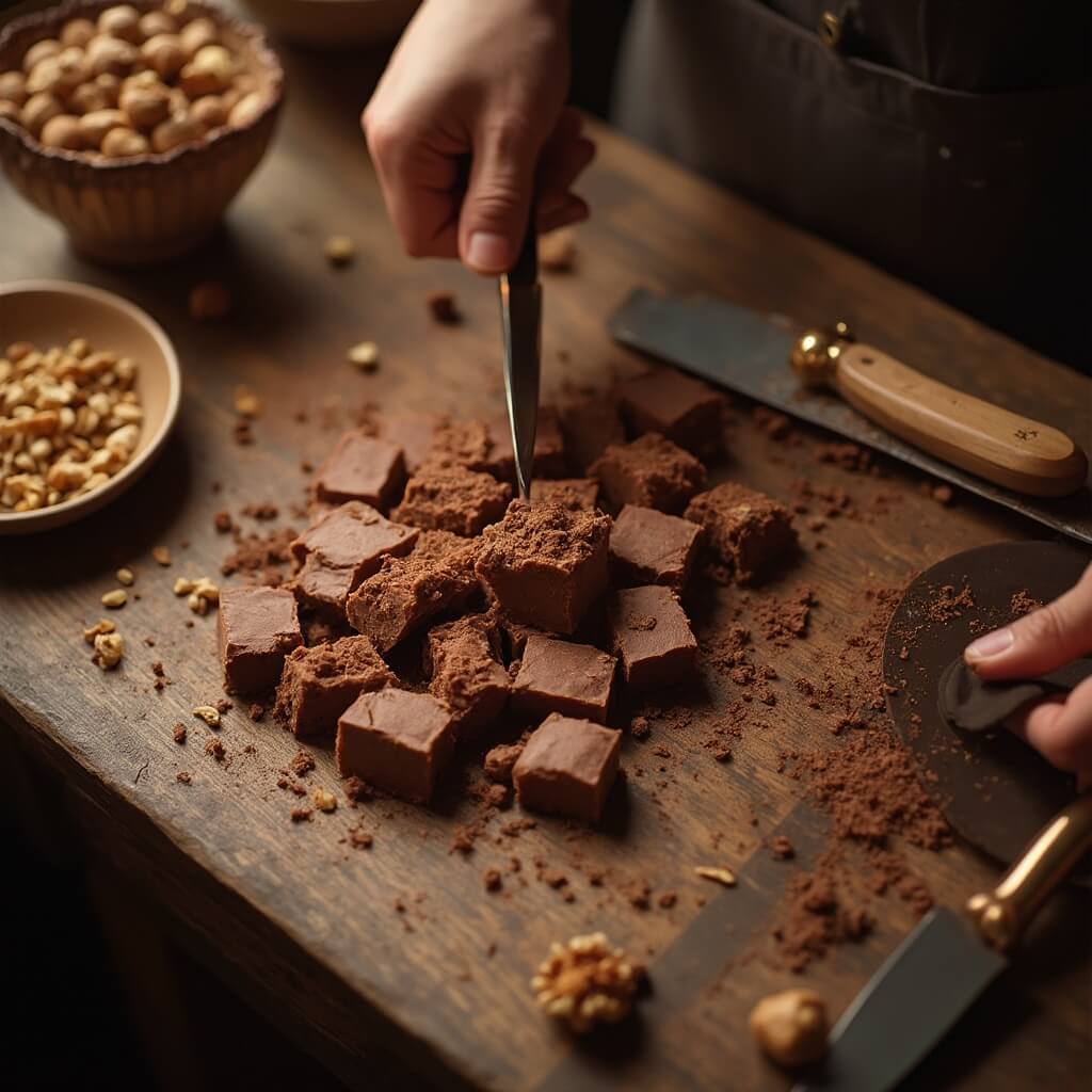 Handmade fudge with chocolate and walnut being cut in a vintage bakery under warm lighting, surrounded by wooden surfaces and copper tools